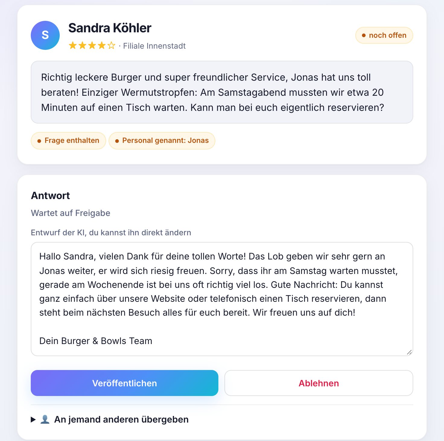 Google-Bewertungen beantworten: Antwortvorschlag zur Freigabe im Dashboard