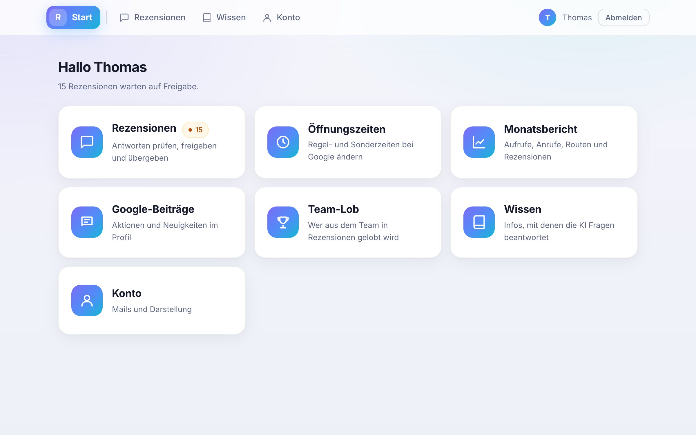 Google-Tool Dashboard mit großen Kacheln für Rezensionen, Öffnungszeiten, Beiträge und Team-Lob